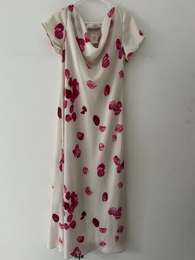 Vintage 90s Jessica Howard Cream white  Dress Pink Petal Print cowl neck sz 12
